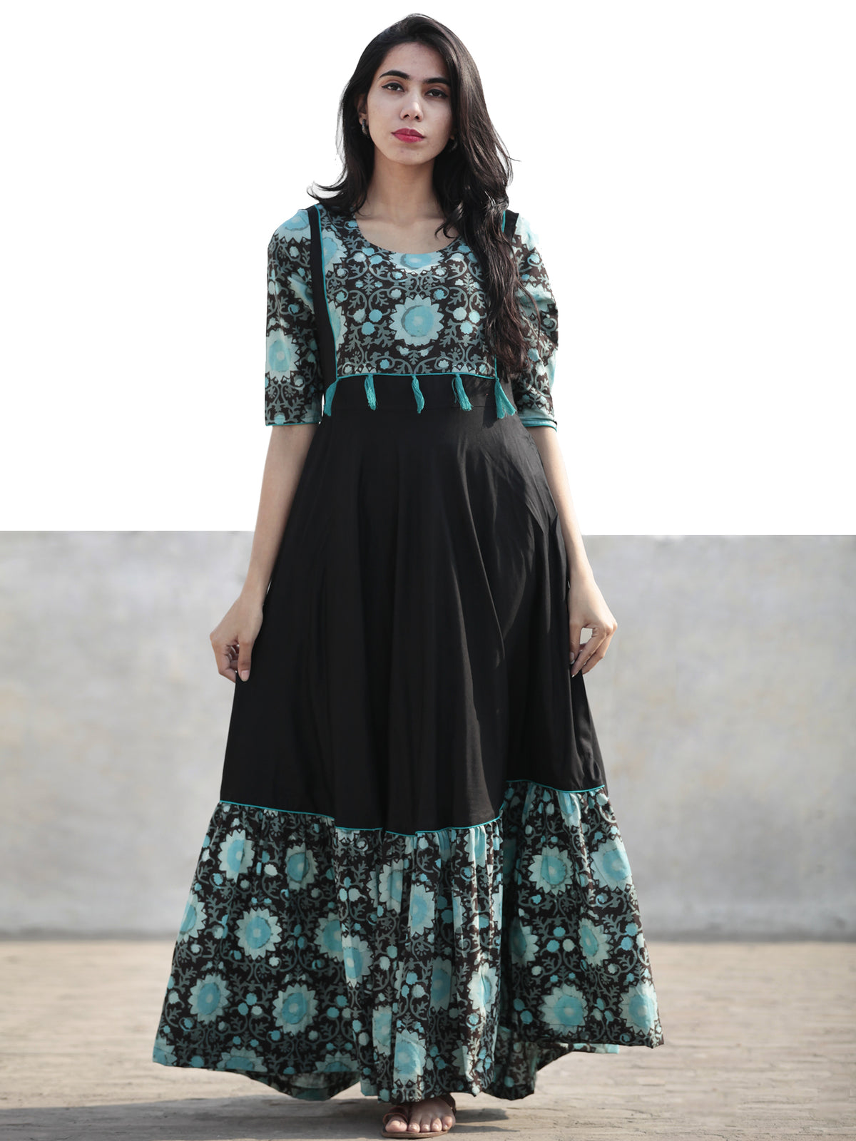 Black Sea Green Hand Blocked Long Cotton Rayon Dress With Tassel - D181F1062