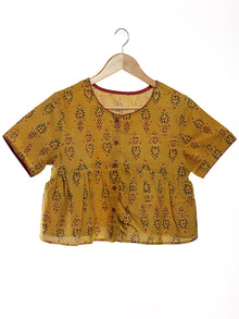 Mustard Black Maroon Ajrakh Hand Printed Cotton Peplum Blouse - B04F1618