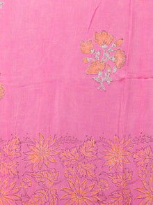 Pink Orange Hand Block Printed Chiffon Saree with Zari Border - S031703414