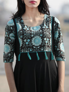 Black Sea Green Hand Blocked Long Cotton Rayon Dress With Tassel - D181F1062