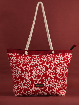 Red White Hand Block Printed Tote Bag - B0808