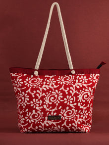 Red White Hand Block Printed Tote Bag - B0808