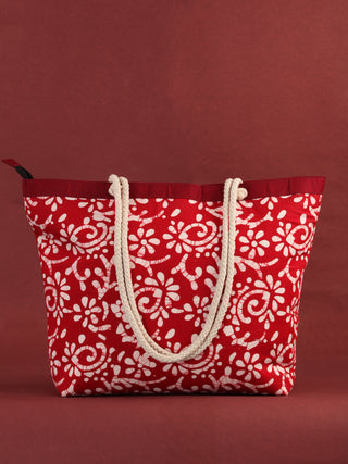 Red White Hand Block Printed Tote Bag - B0808
