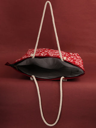 Red White Hand Block Printed Tote Bag - B0808