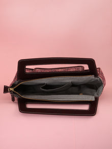 Maroon Black Ajrakh Hand Block Print Baguette Bag with Vegan Leather Top Handles - B0902