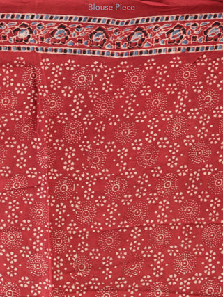 Red Indigo Ivory Black Ajrakh Hand Block Printed Modal Silk Saree in Natural Colors - S031703357