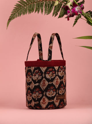 Black Maroon Hand Block Printed Bucket Utility Bag - B0201