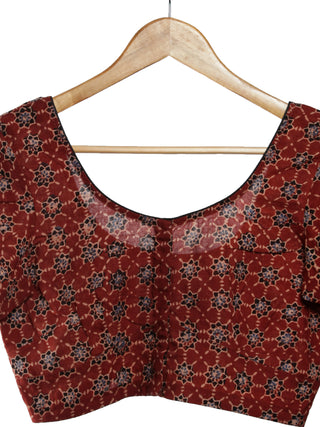 Maroon Black Indigo Ajrakh Hand Printed Cotton Blouse - B05F1622