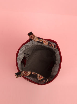 Black Maroon Hand Block Printed Bucket Utility Bag - B0201