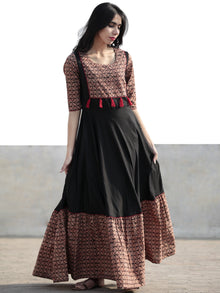 Black Beige Red Orange Hand Blocked Long Cotton And Rayon Dress With Tassel Details - D181F1075