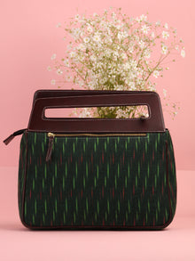 Bottle Green Ikat Baguette Bag with Vegan Leather Top Handles - B0906