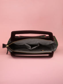 Bottle Green Ikat Baguette Bag with Vegan Leather Top Handles - B0906