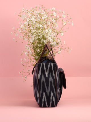Black Grey Ikat Baguette Bag with Vegan Leather Top Handles - B0908