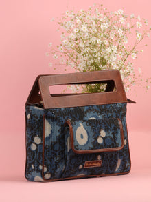 Indigo Black Hand Block Printed Baguette Bag with Vegan Leather Top Handles - B0910