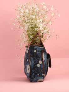Indigo Black Hand Block Printed Baguette Bag with Vegan Leather Top Handles - B0910