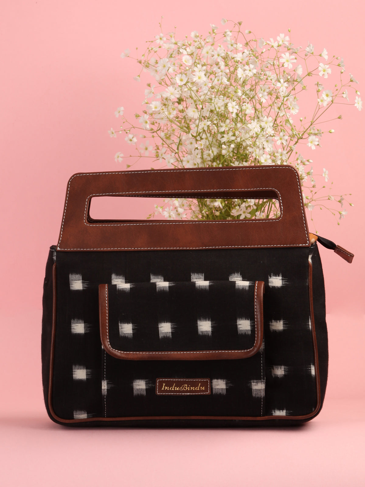 Black White Ikat Baguette Bag with Vegan Leather Top Handles - B0907