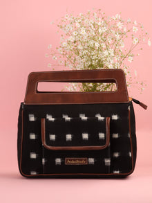 Black White Ikat Baguette Bag with Vegan Leather Top Handles - B0907