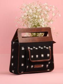 Black White Ikat Baguette Bag with Vegan Leather Top Handles - B0907