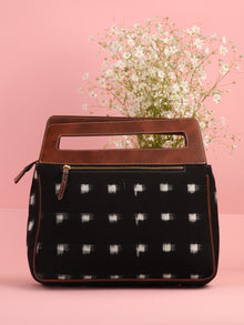Black White Ikat Baguette Bag with Vegan Leather Top Handles - B0907