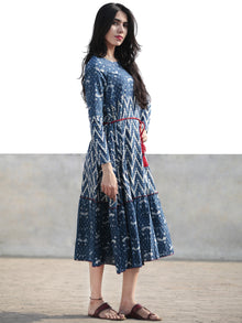 Indigo Ivory Red Hand Blocked Cotton Tier Dress With Tassel Details - D215F1114
