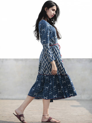 Indigo Ivory Red Hand Blocked Cotton Tier Dress With Tassel Details - D215F1114