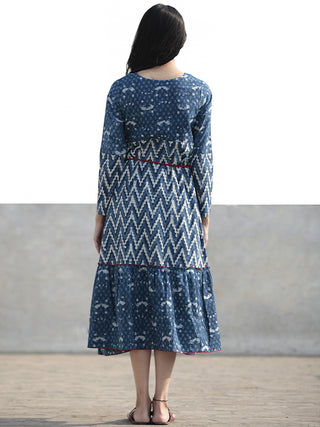 Indigo Ivory Red Hand Blocked Cotton Tier Dress With Tassel Details - D215F1114