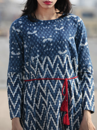 Indigo Ivory Red Hand Blocked Cotton Tier Dress With Tassel Details - D215F1114