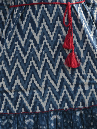 Indigo Ivory Red Hand Blocked Cotton Tier Dress With Tassel Details - D215F1114