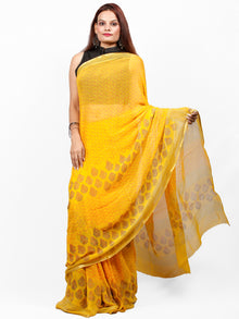 Bright Yellow Hand Block Printed Chiffon Saree with Zari Border - S031703417