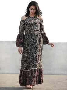 Black Brown Ivory Maroon Long Hand Block Cotton Tier Dress With Cold Shoulder  - D146F1221