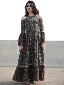 Black Brown Ivory Maroon Long Hand Block Cotton Tier Dress With Cold Shoulder  - D146F1221