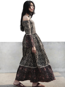 Black Brown Ivory Maroon Long Hand Block Cotton Tier Dress With Cold Shoulder  - D146F1221