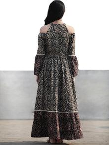 Black Brown Ivory Maroon Long Hand Block Cotton Tier Dress With Cold Shoulder  - D146F1221
