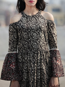 Black Brown Ivory Maroon Long Hand Block Cotton Tier Dress With Cold Shoulder  - D146F1221