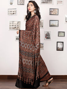 Maroon Black Indigo Ajrakh Hand Block Printed Modal Silk Saree in Natural Colors - S031703376