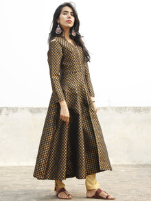 Black Golden Brocade Kurta With Front Slit And Cold Shoulder - D134F001