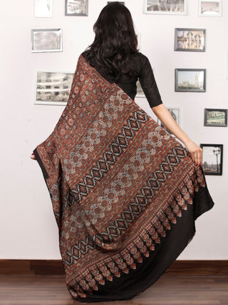 Maroon Black Indigo Ajrakh Hand Block Printed Modal Silk Saree in Natural Colors - S031703376