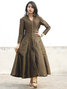 Black Golden Brocade Kurta With Front Slit And Cold Shoulder - D134F001