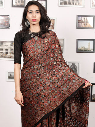 Maroon Black Indigo Ajrakh Hand Block Printed Modal Silk Saree in Natural Colors - S031703376