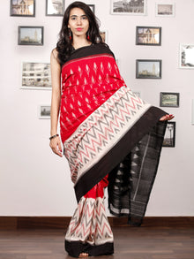 Black Ivory Grey Coral Ikat Handwoven Pochampally Mercerized Cotton Saree - S031703385