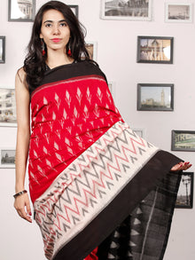 Black Ivory Grey Coral Ikat Handwoven Pochampally Mercerized Cotton Saree - S031703385