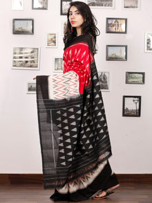 Black Ivory Grey Coral Ikat Handwoven Pochampally Mercerized Cotton Saree - S031703385