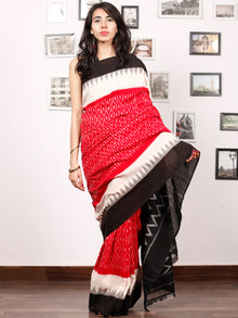 Black Red White Ikat Handwoven Pochampally Mercerized Cotton Saree - S031703391