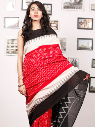 Black Red White Ikat Handwoven Pochampally Mercerized Cotton Saree - S031703391