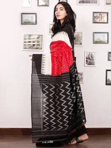 Black Red White Ikat Handwoven Pochampally Mercerized Cotton Saree - S031703391