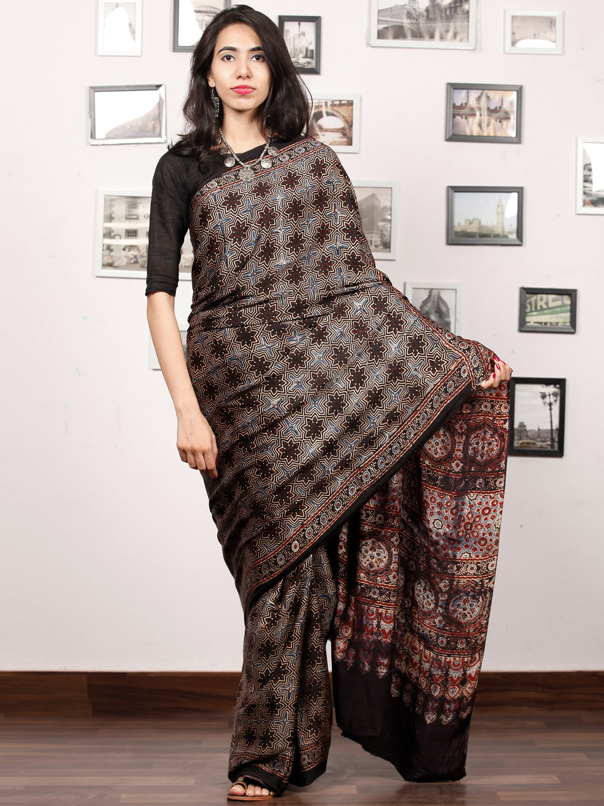 Black Maroon Grey Indigo Ajrakh Hand Block Printed Modal Silk Saree in Natural Colors - S031703377