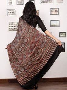 Black Maroon Grey Indigo Ajrakh Hand Block Printed Modal Silk Saree in Natural Colors - S031703377