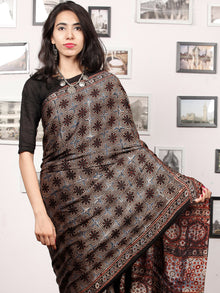 Black Maroon Grey Indigo Ajrakh Hand Block Printed Modal Silk Saree in Natural Colors - S031703377