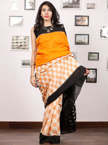 Black Orange White Ikat Handwoven Pochampally Mercerized Cotton Saree - S031703399