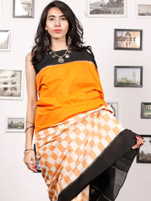 Black Orange White Ikat Handwoven Pochampally Mercerized Cotton Saree - S031703399
